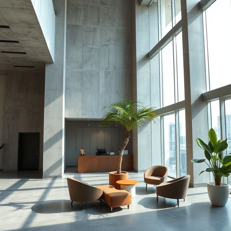 Reception area of a Penang high-rise office with tall windows