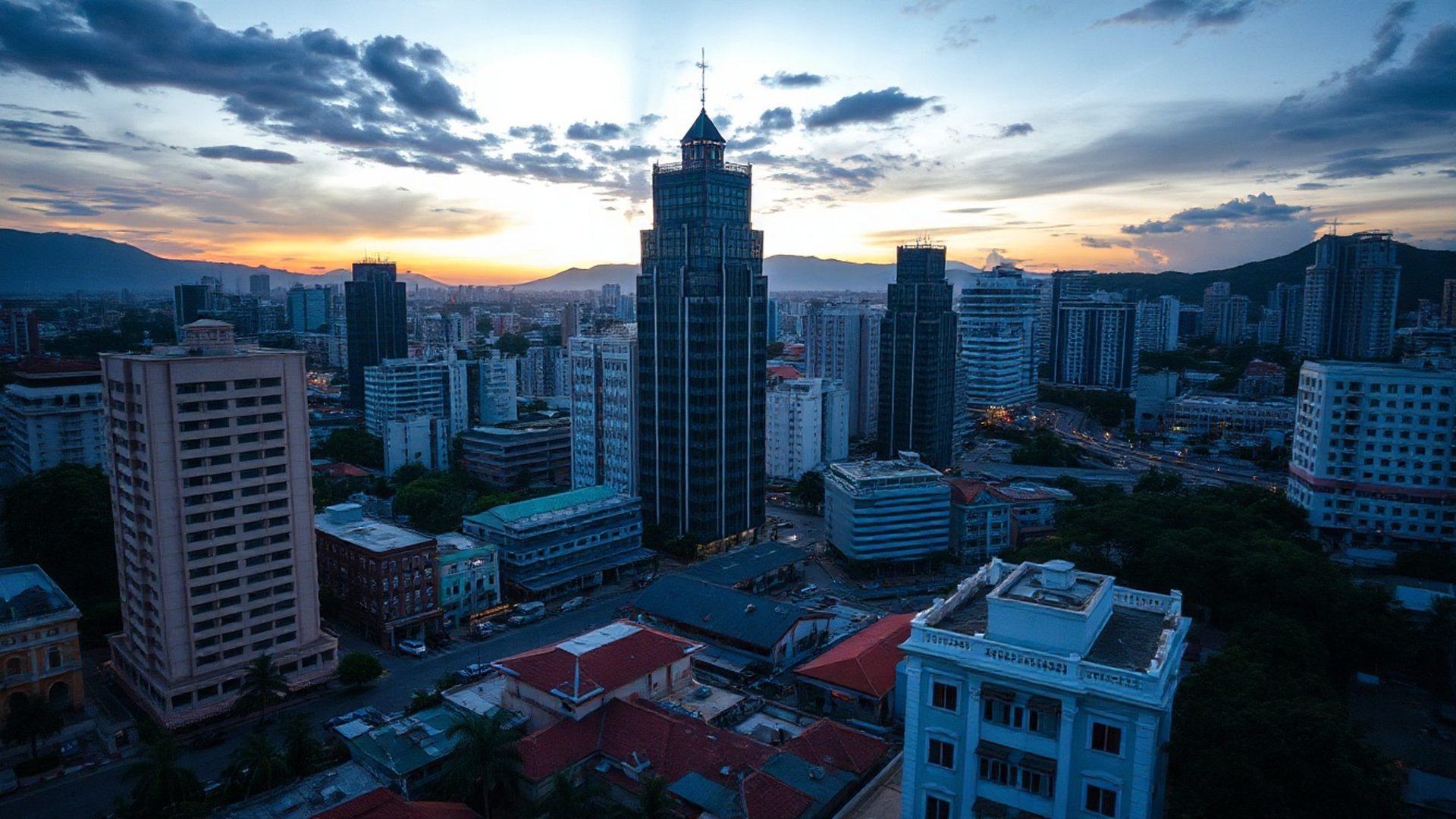Aerial view of George Town Penang business district at dusk