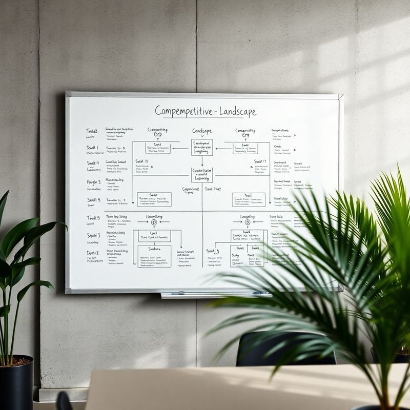 Close-up of a whiteboard covered in structured competitive-landscape diagrams