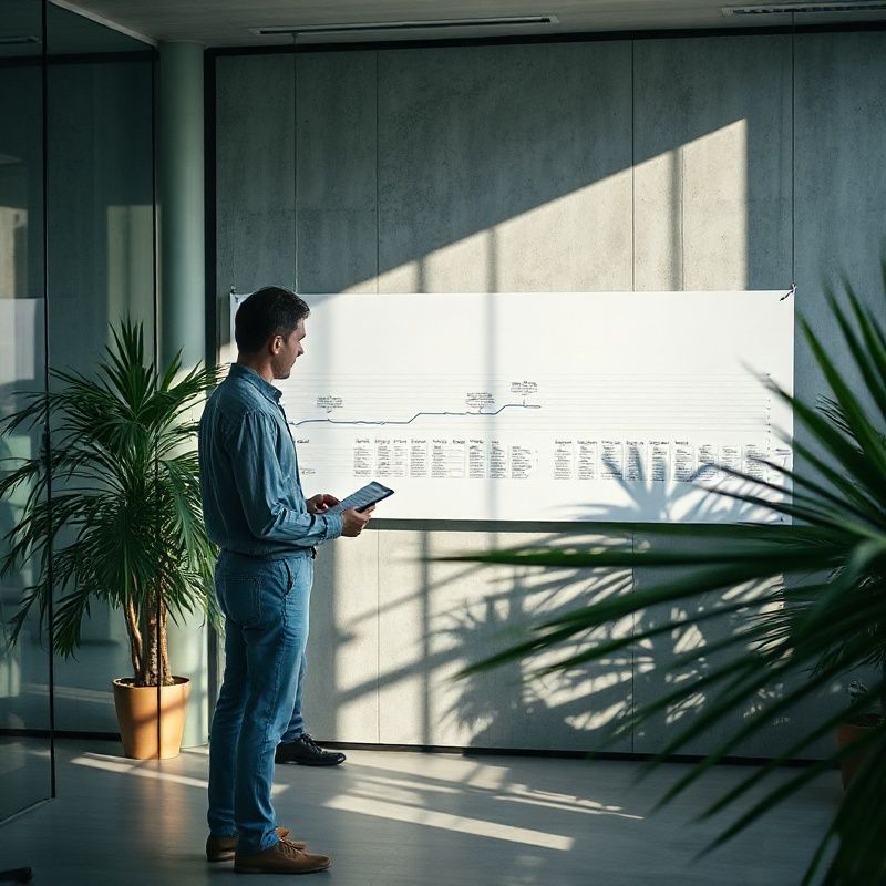 Two professionals in a glass-walled meeting room reviewing a large printed timeline